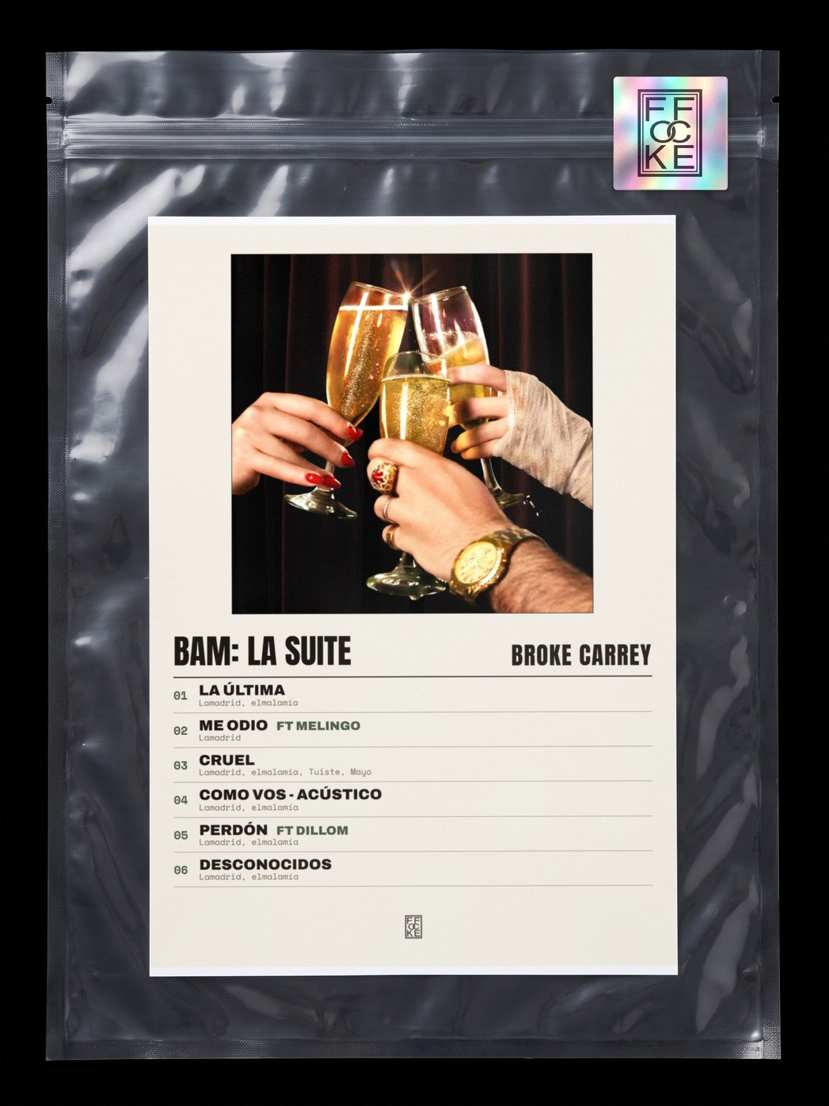Póster de BAM: LA SUITE de Broke Carrey en una bolsa sellada con sticker FFOCKE