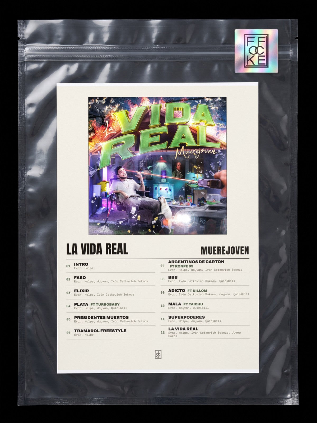 Póster de La Vida Real de Muerejoven en una bolsa sellada con sticker FFOCKE