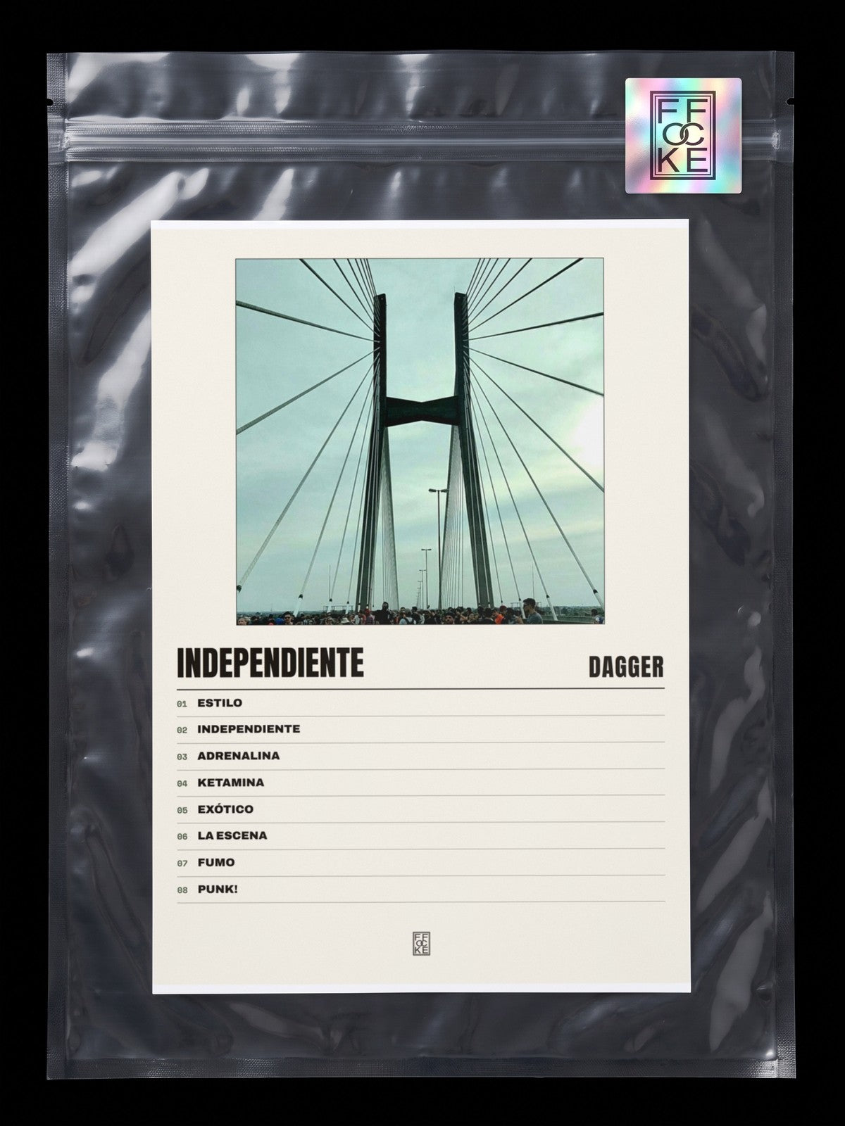 Póster de Independiente de Dagger en una bolsa sellada con sticker FFOCKE