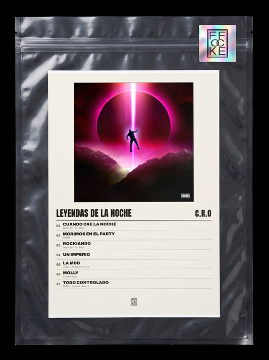 Póster de Leyendas de la Noche de C.R.O en una bolsa sellada con sticker FFOCKE
