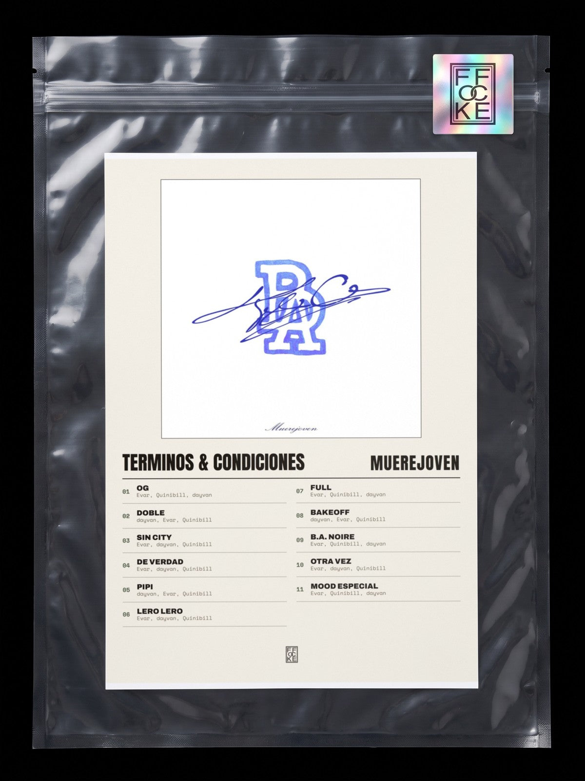 Póster de Terminos & Condiciones de Muerejoven en una bolsa sellada con sticker FFOCKE