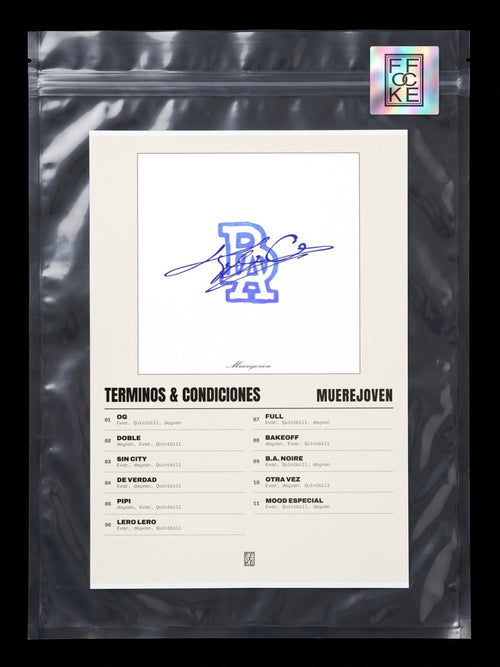 Póster de Terminos & Condiciones de Muerejoven en una bolsa sellada con sticker FFOCKE