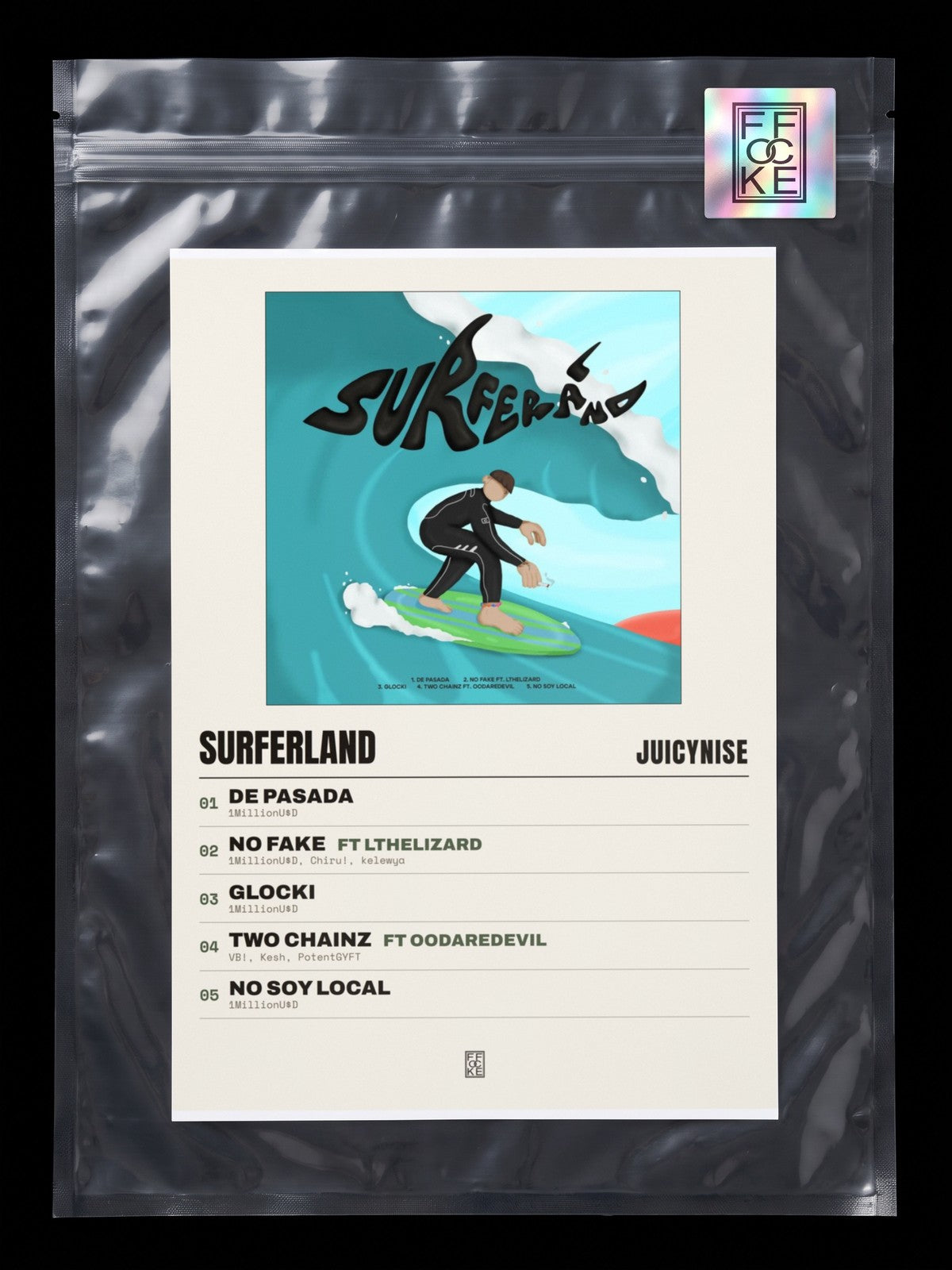 Póster de Surferland de JuicyNise en una bolsa sellada con sticker FFOCKE