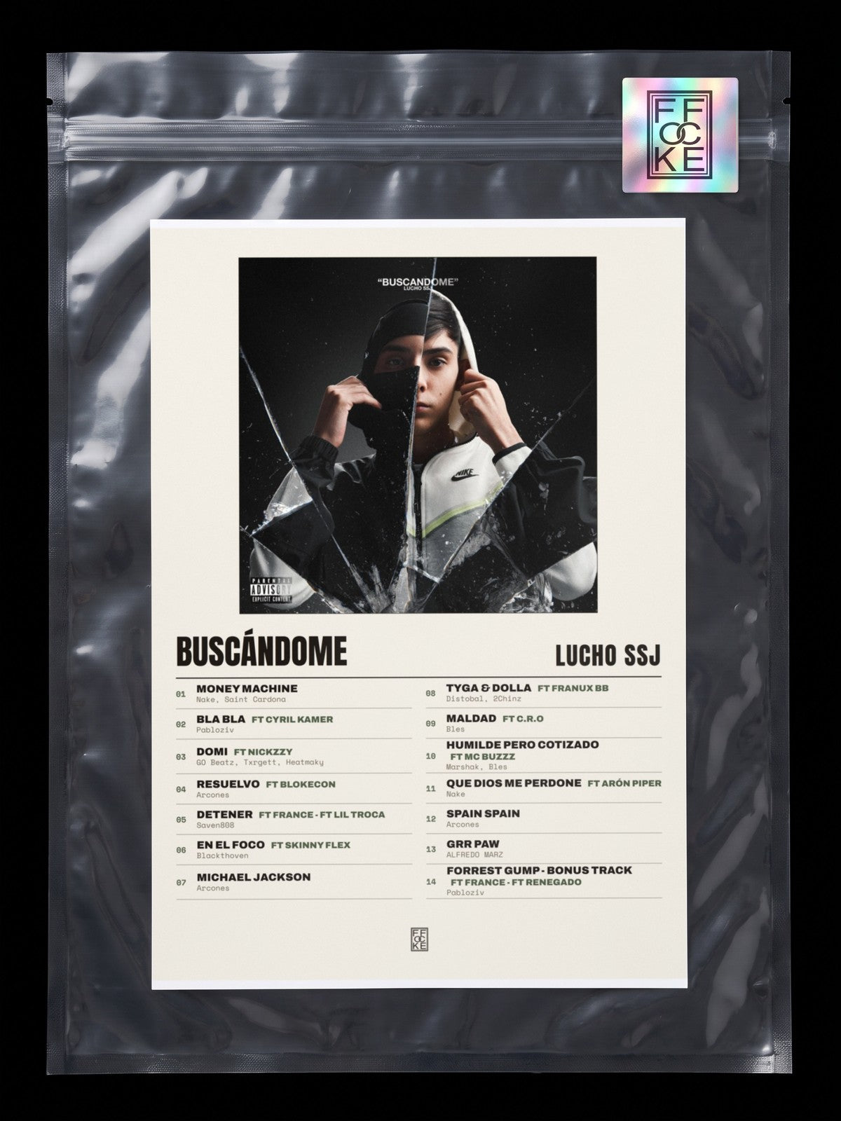 Póster de Buscándome de Lucho SSJ en una bolsa sellada con sticker FFOCKE
