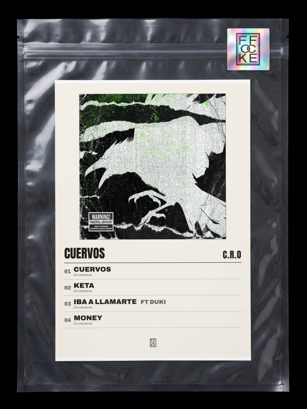 Póster de Cuervos de C.R.O en una bolsa sellada con sticker FFOCKE