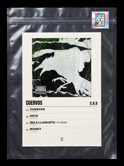 Póster de Cuervos de C.R.O en una bolsa sellada con sticker FFOCKE