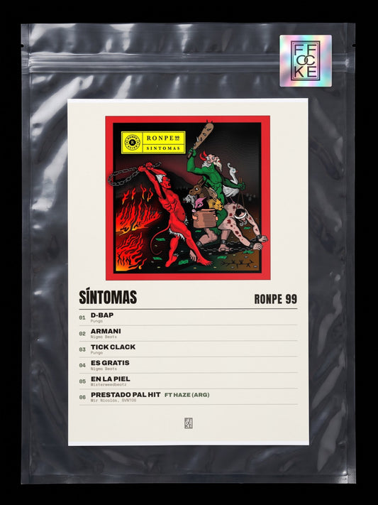 Póster de Síntomas de Ronpe 99 en una bolsa sellada con sticker FFOCKE