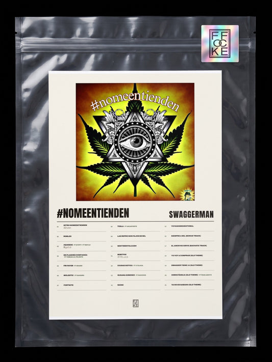 Póster de #nomeentienden de swaggerman en una bolsa sellada con sticker FFOCKE