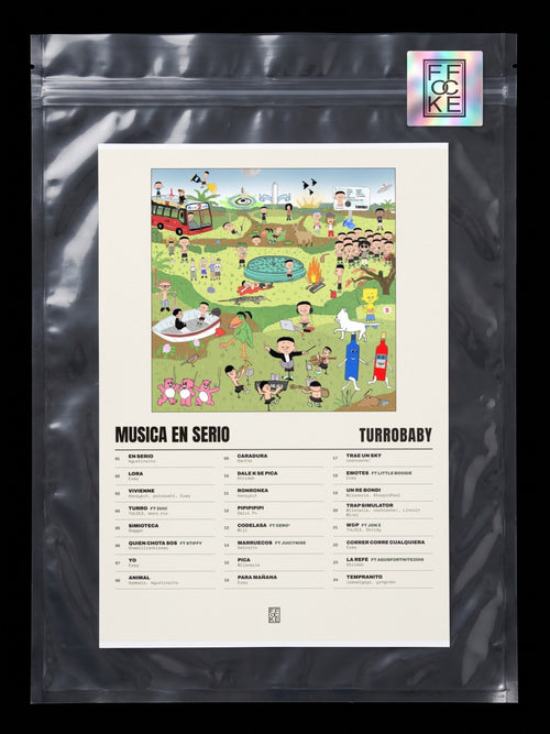 Póster de MUSICA EN SERIO de turrobaby en una bolsa sellada con sticker FFOCKE