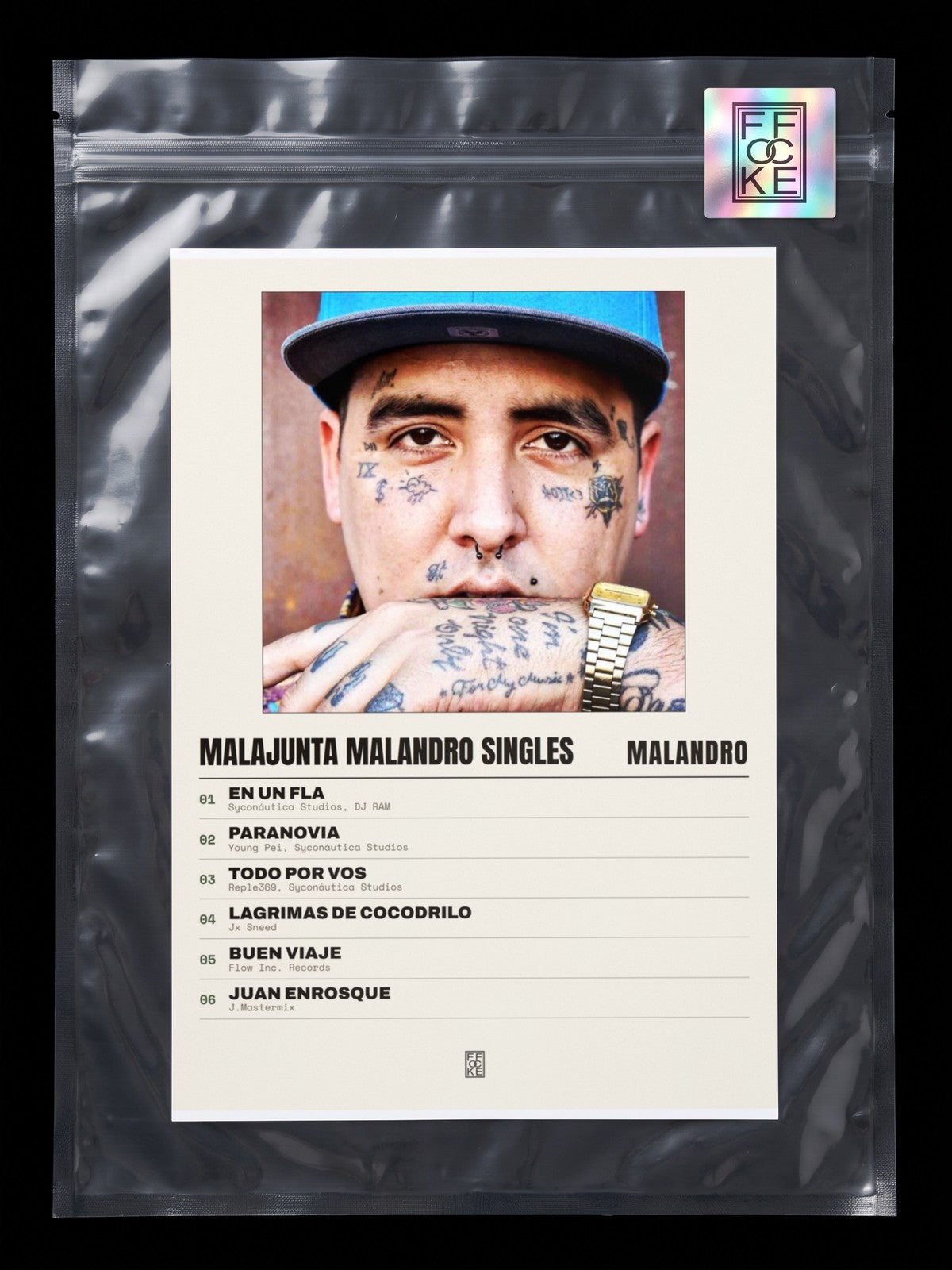 Póster de Malajunta Malandro Singles de Malandro en una bolsa sellada con sticker FFOCKE
