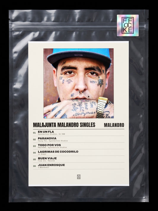 Póster de Malajunta Malandro Singles de Malandro en una bolsa sellada con sticker FFOCKE