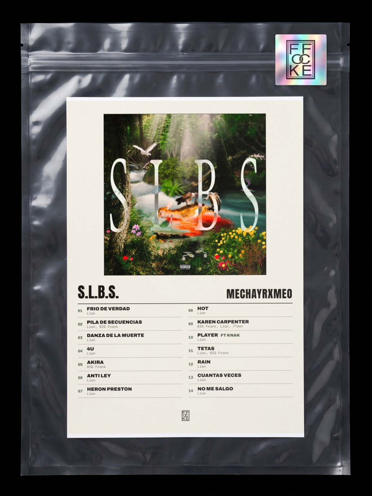 Póster de S.L.B.S. de MECHAYRXMEO en una bolsa sellada con sticker FFOCKE