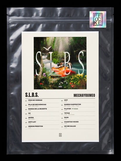 Póster de S.L.B.S. de MECHAYRXMEO en una bolsa sellada con sticker FFOCKE