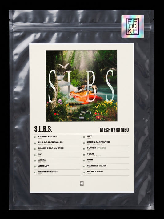 Póster de S.L.B.S. de MECHAYRXMEO en una bolsa sellada con sticker FFOCKE