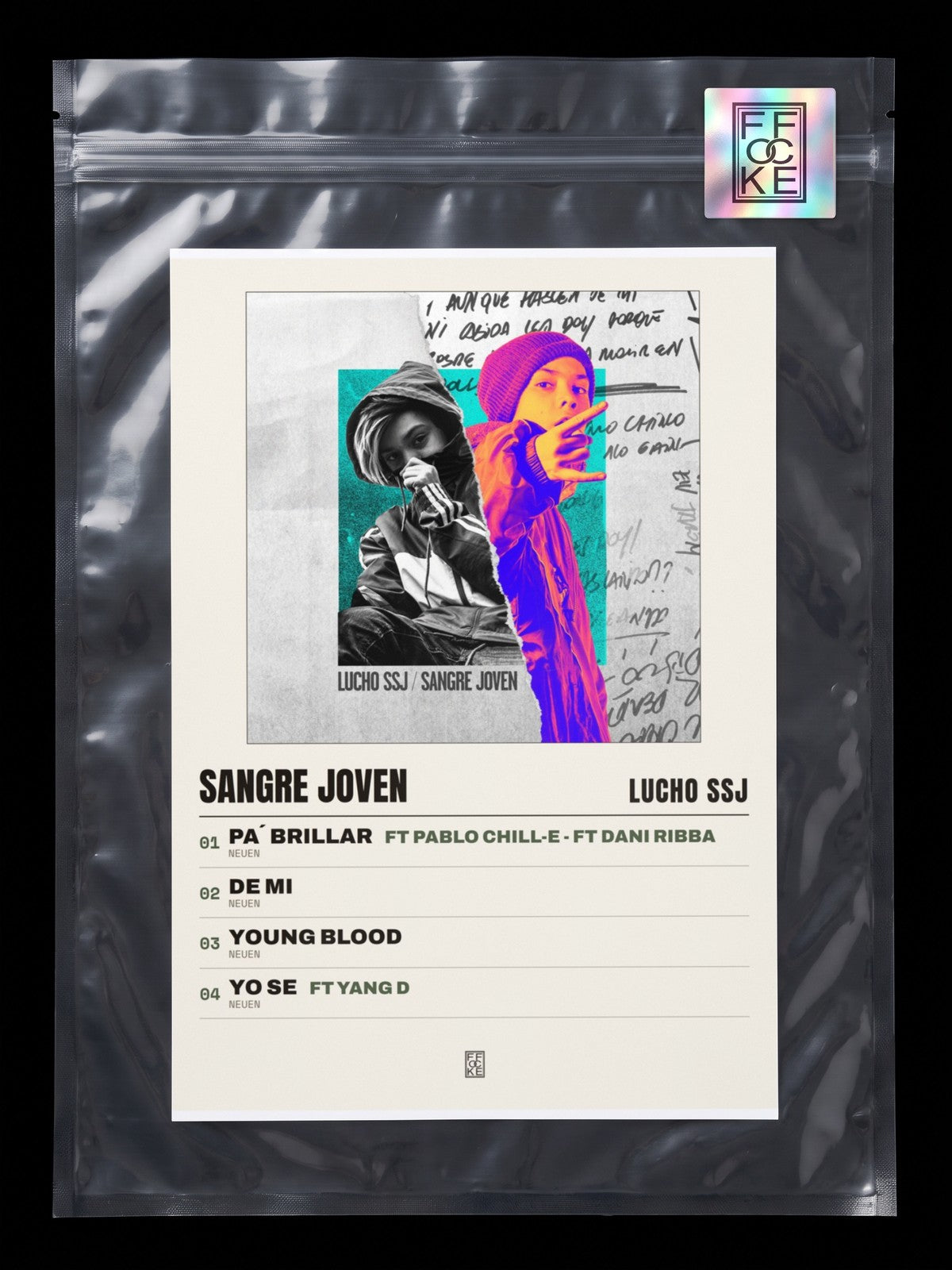 Póster de Sangre Joven de Lucho SSJ en una bolsa sellada con sticker FFOCKE