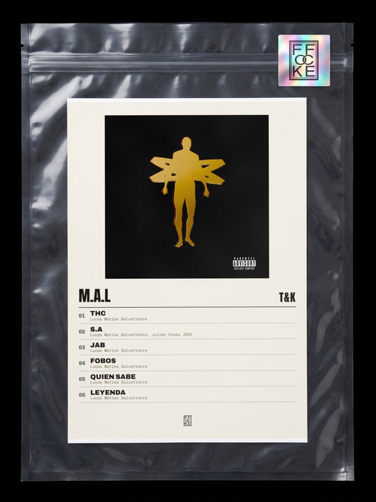 Póster de M.A.L de T&K en una bolsa sellada con sticker FFOCKE