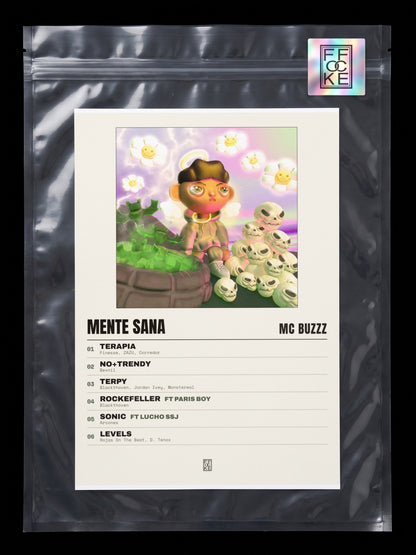 Póster de MENTE SANA de MC Buzzz en una bolsa sellada con sticker FFOCKE
