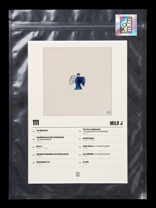 Póster de 111 de Milo j en una bolsa sellada con sticker FFOCKE