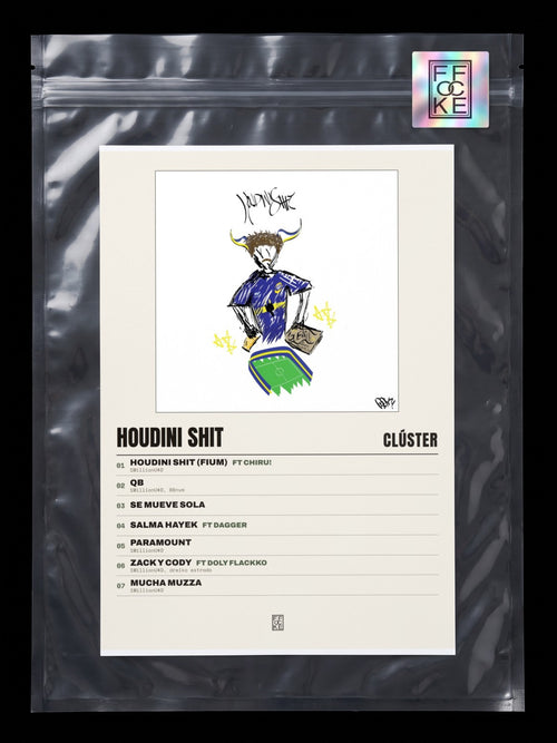 Póster de Houdini Shit de Clúster en una bolsa sellada con sticker FFOCKE