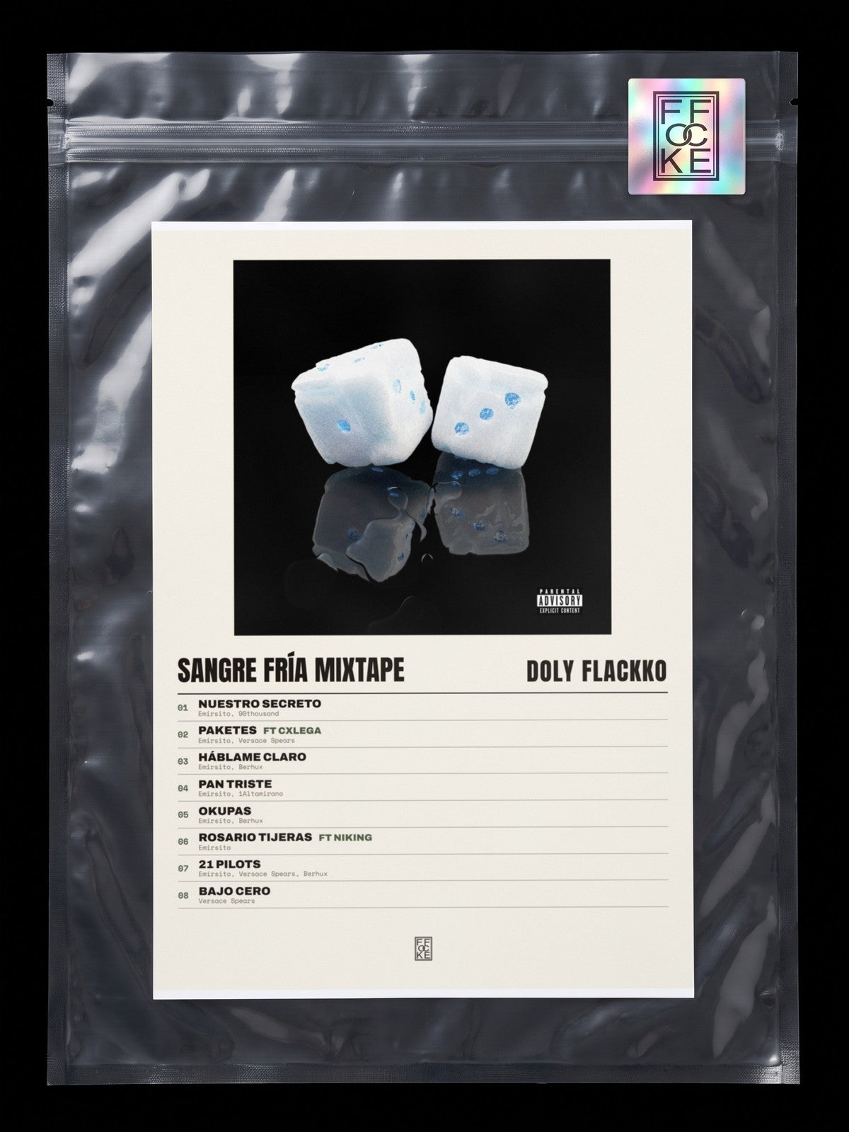 Póster de Sangre Fría Mixtape de Doly Flackko en una bolsa sellada con sticker FFOCKE