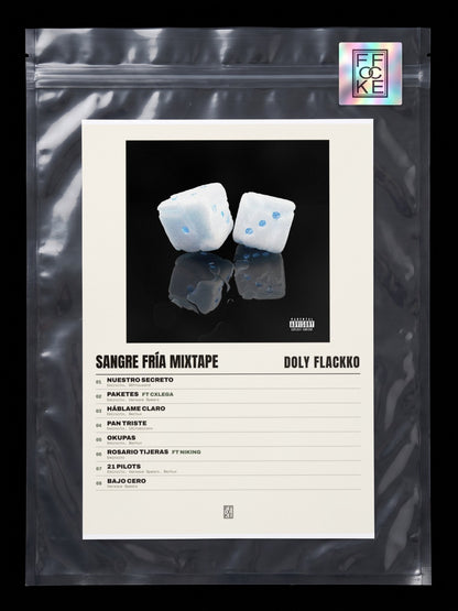 Póster de Sangre Fría Mixtape de Doly Flackko en una bolsa sellada con sticker FFOCKE