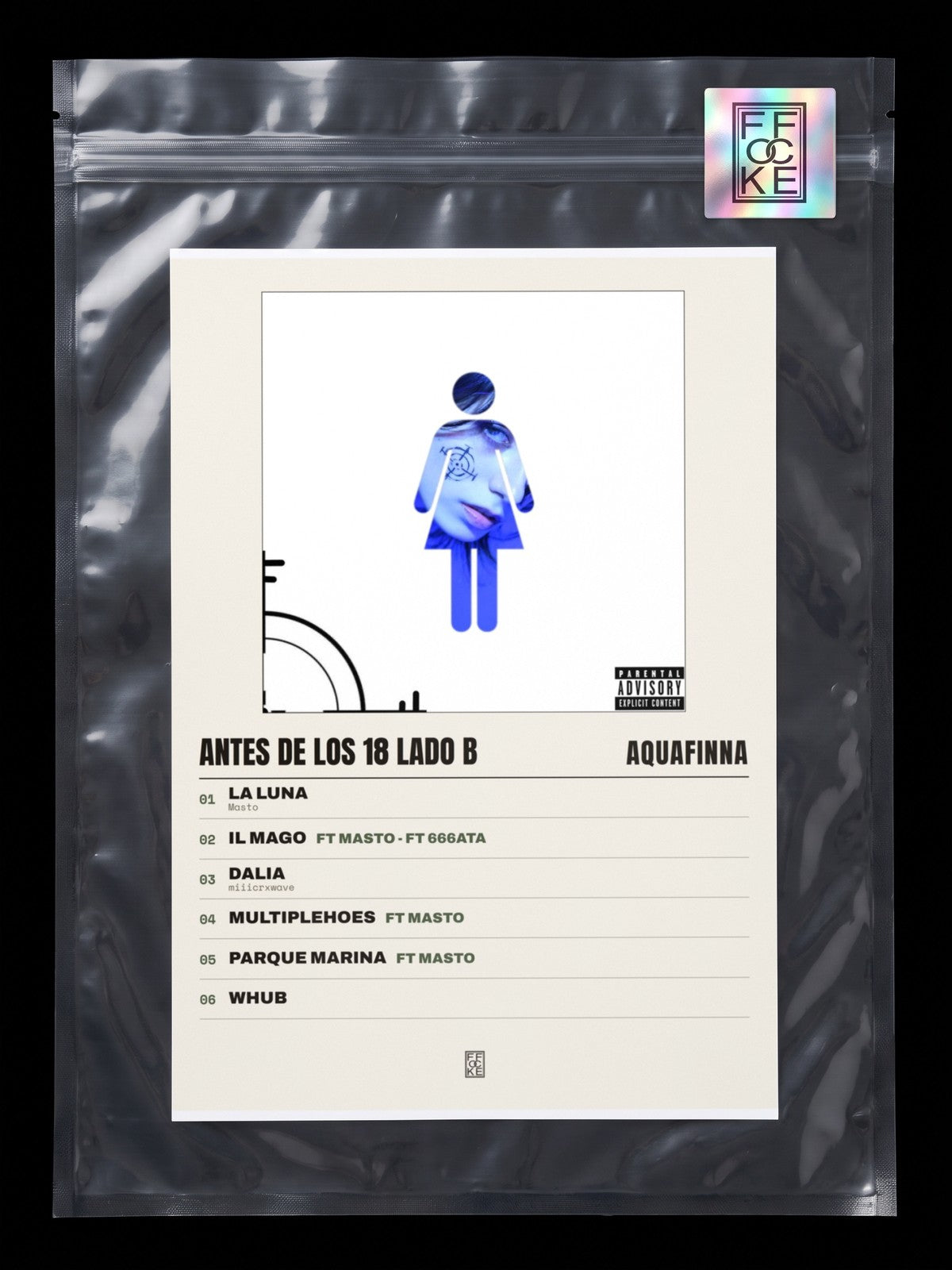 Póster de Antes de los 18 lado B de AQUAFINNA en una bolsa sellada con sticker FFOCKE