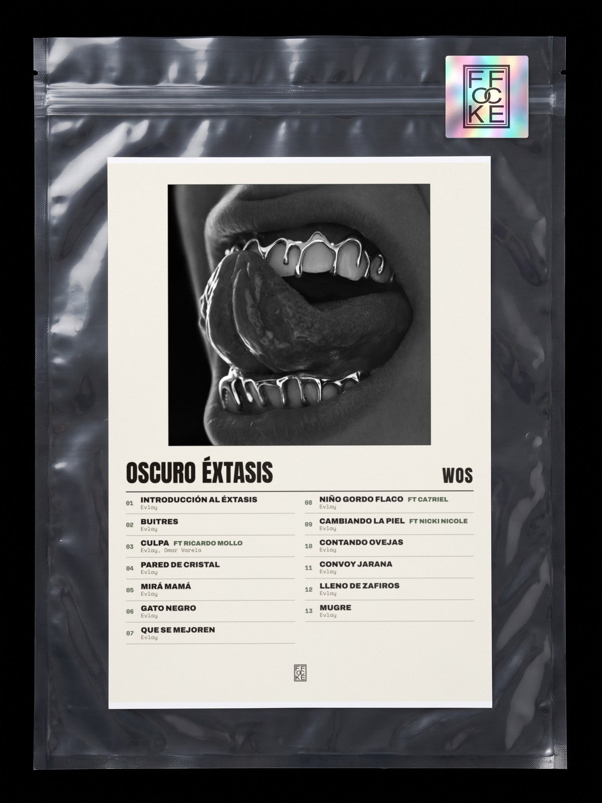 Póster de OSCURO ÉXTASIS de WOS en una bolsa sellada con sticker FFOCKE