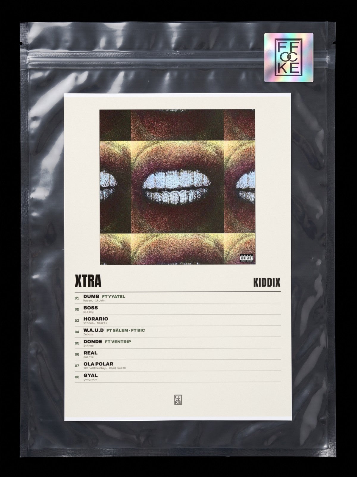 Póster de Xtra de KiddiX en una bolsa sellada con sticker FFOCKE