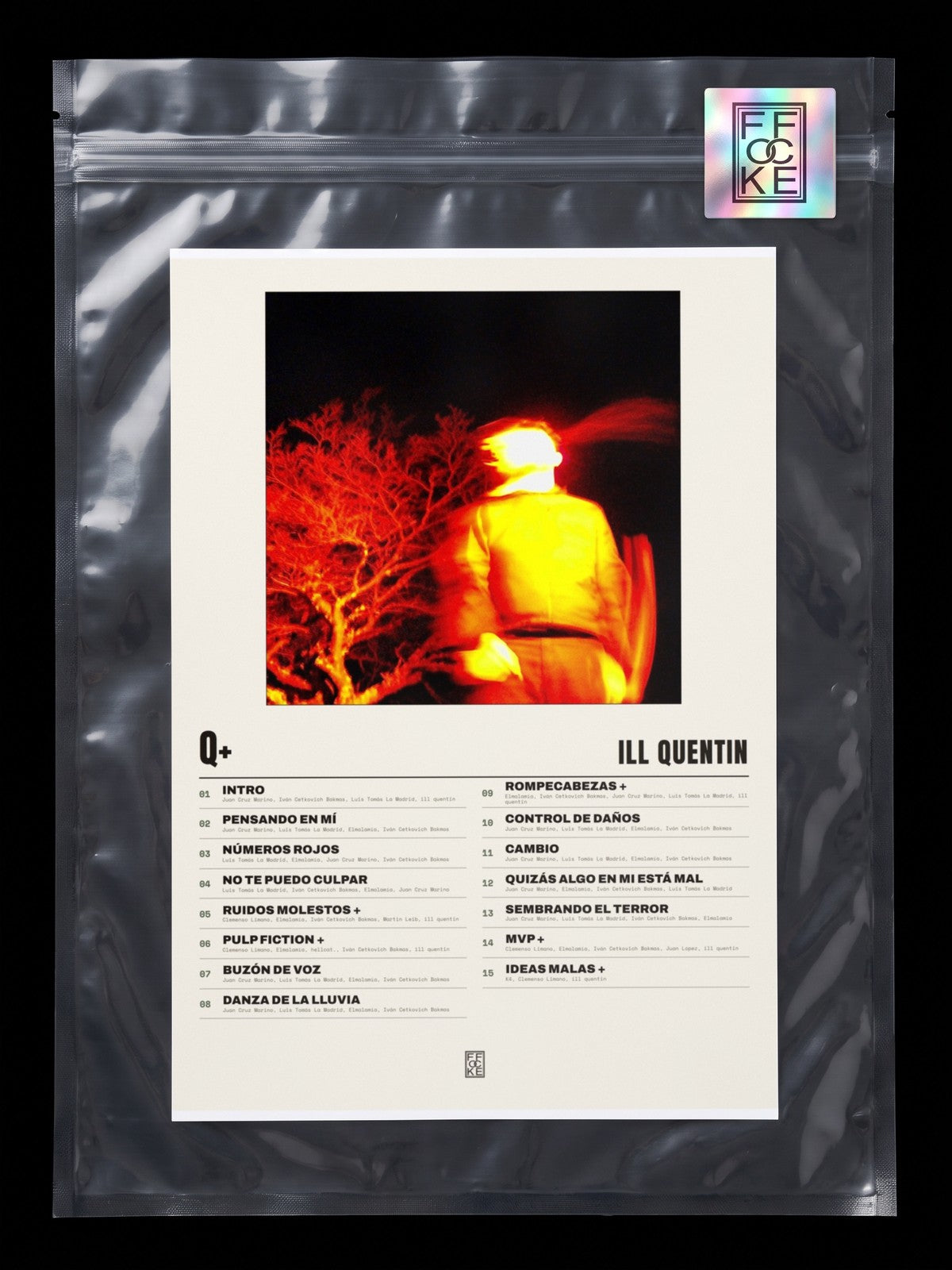 Póster de q+ de ill quentin en una bolsa sellada con sticker FFOCKE
