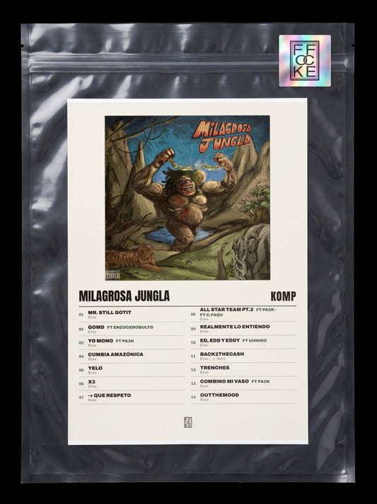 Póster de Milagrosa Jungla de Komp en una bolsa sellada con sticker FFOCKE