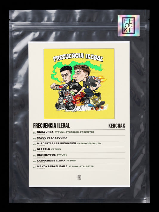 Póster de FRECUENCIA ILEGAL de KERCHAK en una bolsa sellada con sticker FFOCKE