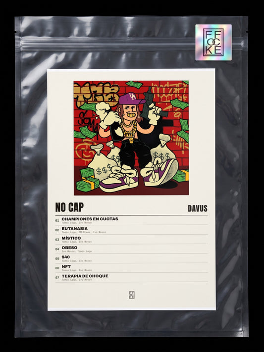 Póster de No Cap de Davus en una bolsa sellada con sticker FFOCKE