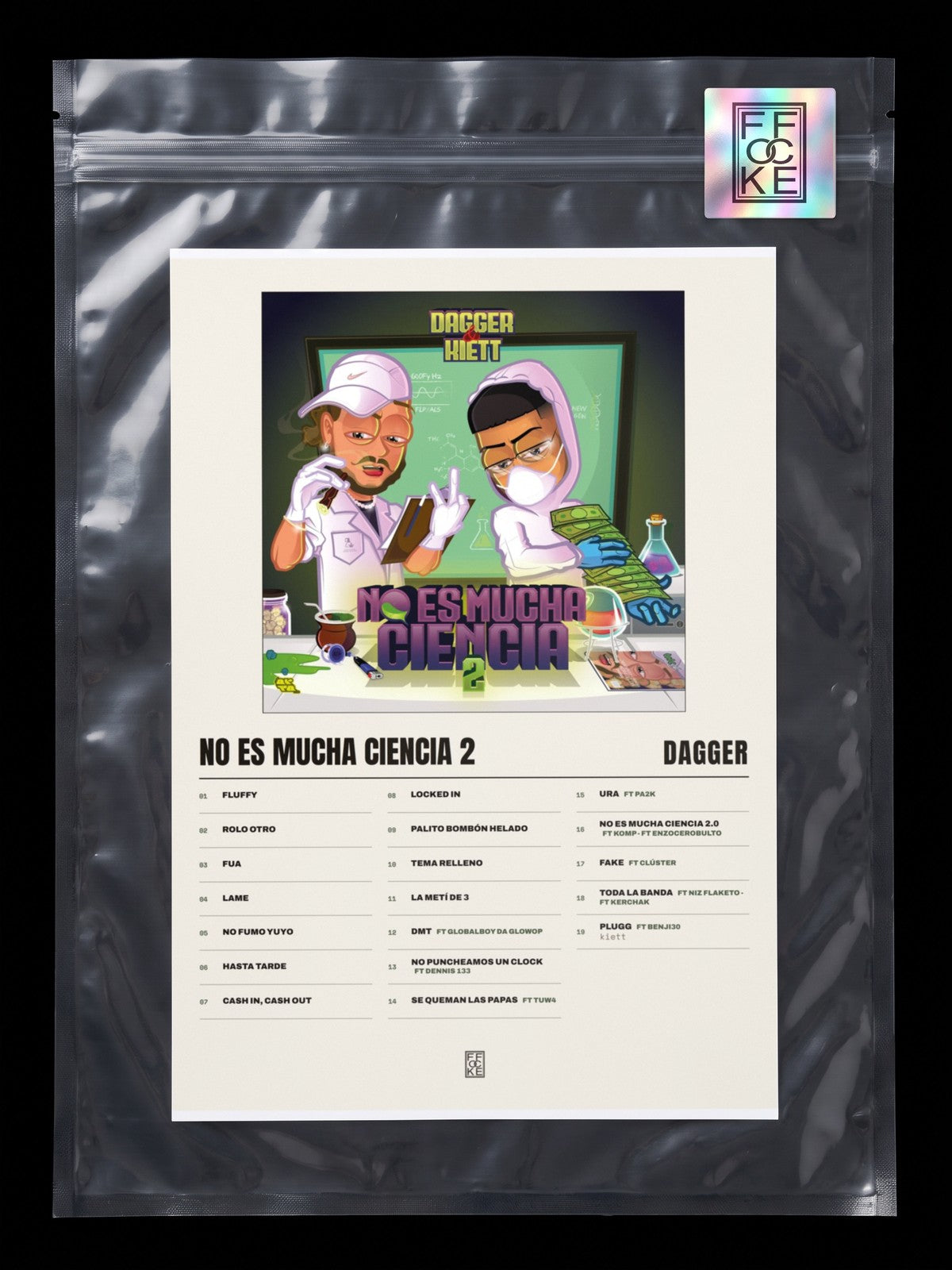 Póster de No es mucha ciencia 2 de Dagger en una bolsa sellada con sticker FFOCKE