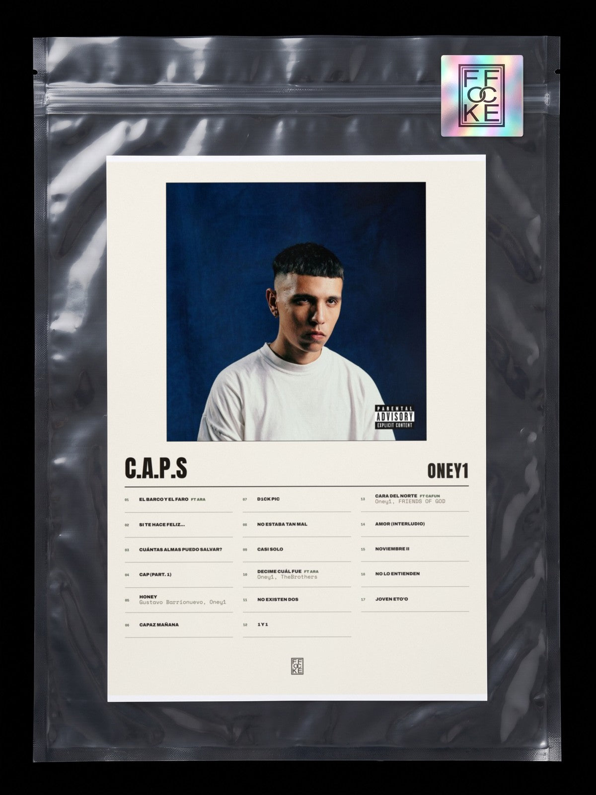Póster de C.A.P.S de Oney1 en una bolsa sellada con sticker FFOCKE