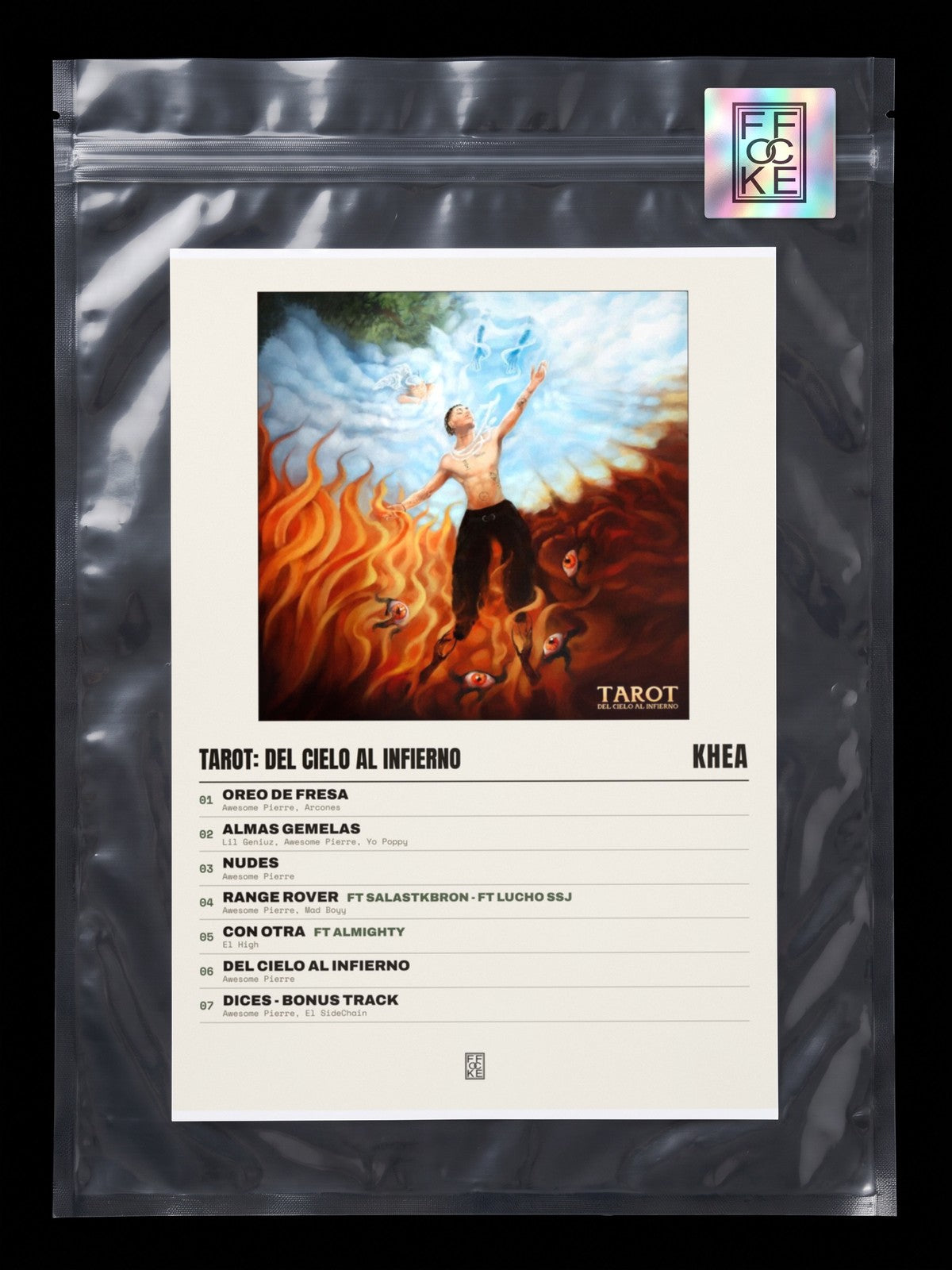 Póster de TAROT: Del cielo al infierno de KHEA en una bolsa sellada con sticker FFOCKE