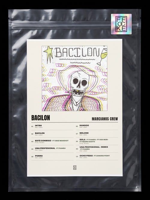 Póster de Bacilon de Marcianos Crew en una bolsa sellada con sticker FFOCKE