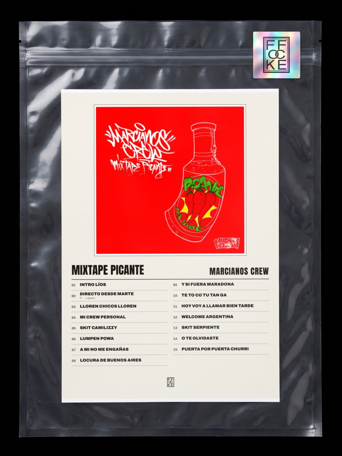 Póster de Mixtape Picante de Marcianos Crew en una bolsa sellada con sticker FFOCKE