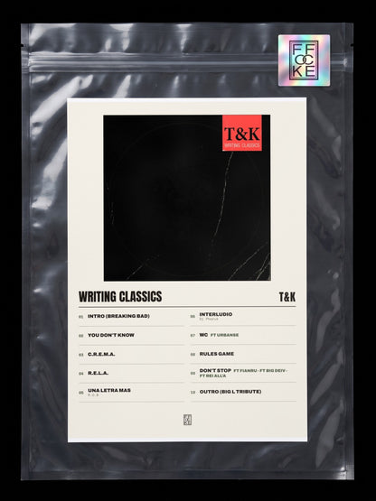 Póster de Writing Classics de T&K en una bolsa sellada con sticker FFOCKE