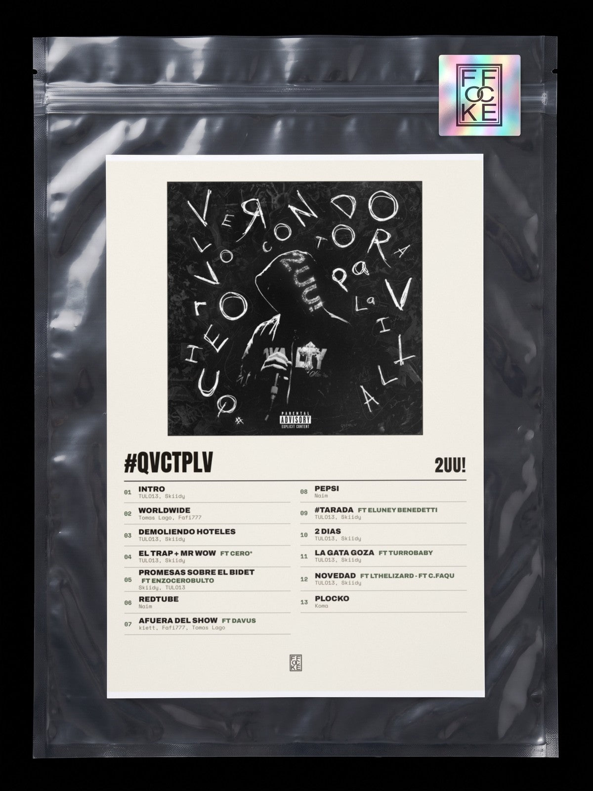 Póster de #QVCTPLV de 2UU! en una bolsa sellada con sticker FFOCKE