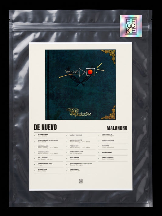 Póster de De Nuevo de Malandro en una bolsa sellada con sticker FFOCKE