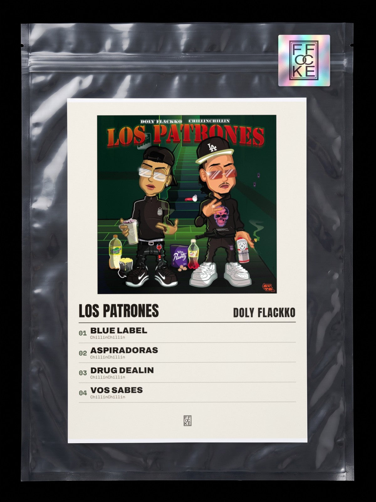 Póster de Los Patrones de Doly Flackko en una bolsa sellada con sticker FFOCKE