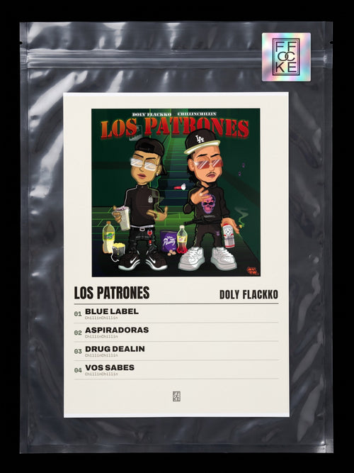 Póster de Los Patrones de Doly Flackko en una bolsa sellada con sticker FFOCKE