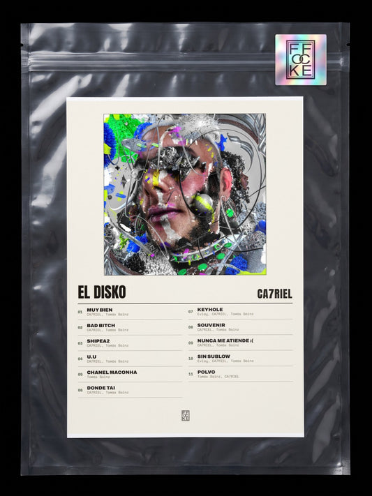 Póster de EL DISKO de CA7RIEL en una bolsa sellada con sticker FFOCKE