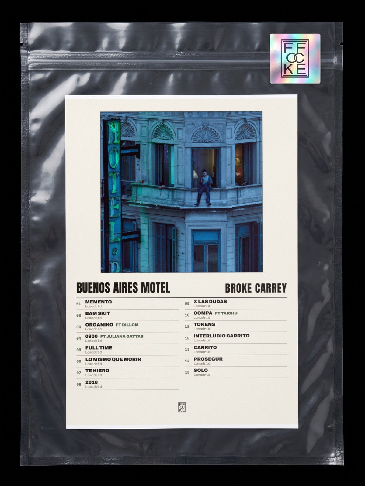 Póster de BUENOS AIRES MOTEL de Broke Carrey en una bolsa sellada con sticker FFOCKE