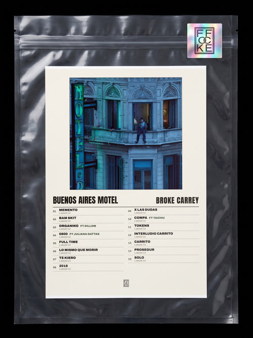 Póster de BUENOS AIRES MOTEL de Broke Carrey en una bolsa sellada con sticker FFOCKE