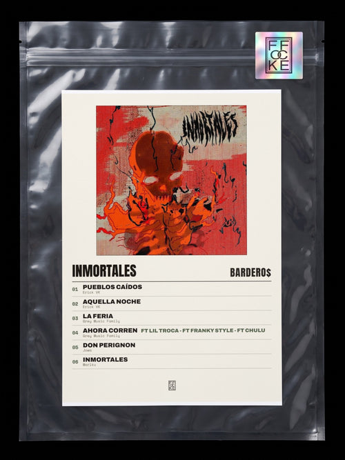 Póster de Inmortales de Bardero$ en una bolsa sellada con sticker FFOCKE