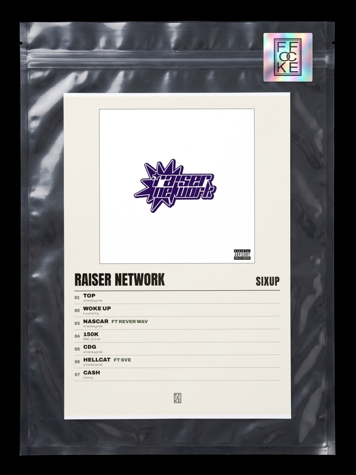Póster de Raiser Network de SixUp en una bolsa sellada con sticker FFOCKE