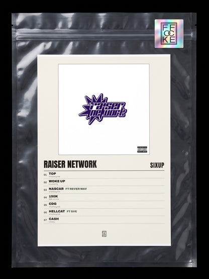 Póster de Raiser Network de SixUp en una bolsa sellada con sticker FFOCKE