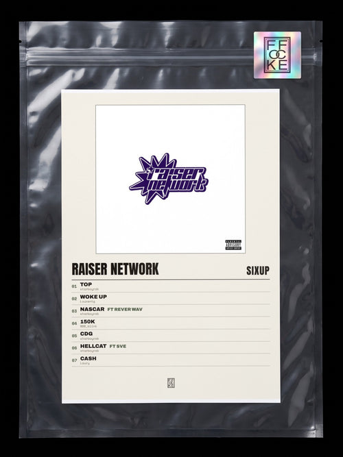 Póster de Raiser Network de SixUp en una bolsa sellada con sticker FFOCKE