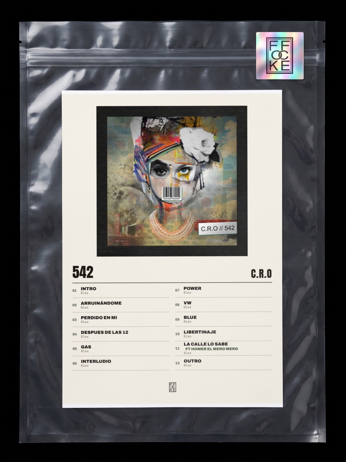 Póster de 542 de C.R.O en una bolsa sellada con sticker FFOCKE